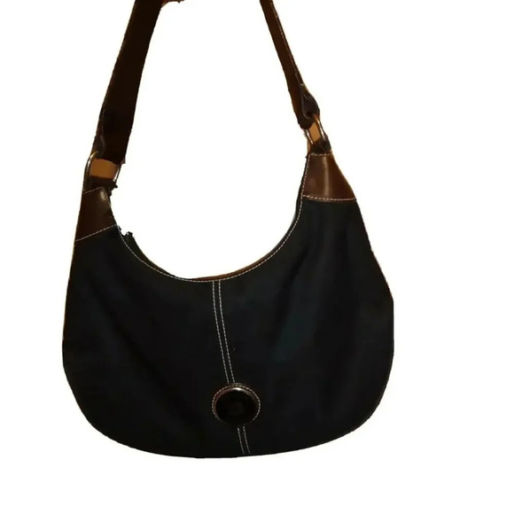 Vintage Dooney & Bourke Small Hobo Handbag Purse Nylon & Leather Trim DB Black - Picture 1 of 12